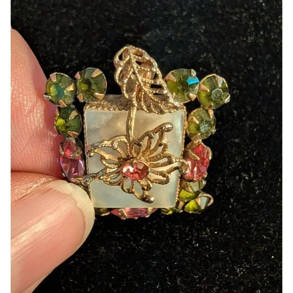 Vintage Pink Green Rhinestone Brooch Pendant Filigree Flower Mother of Pearl - Picture 3 of 14